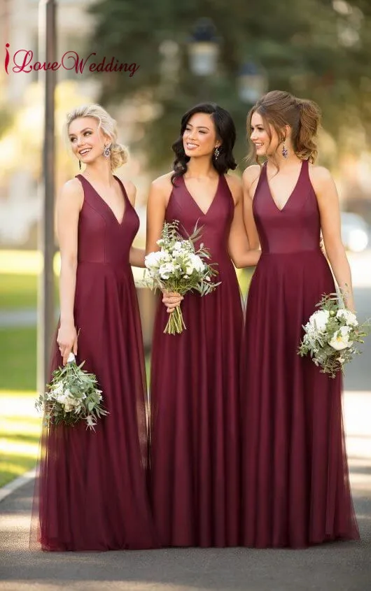 Новая мода 2019 платье для Свадебная вечеринка Sexy V образным вырезом подружки невесты индивидуальный заказ без рукавов Формальные Длинные