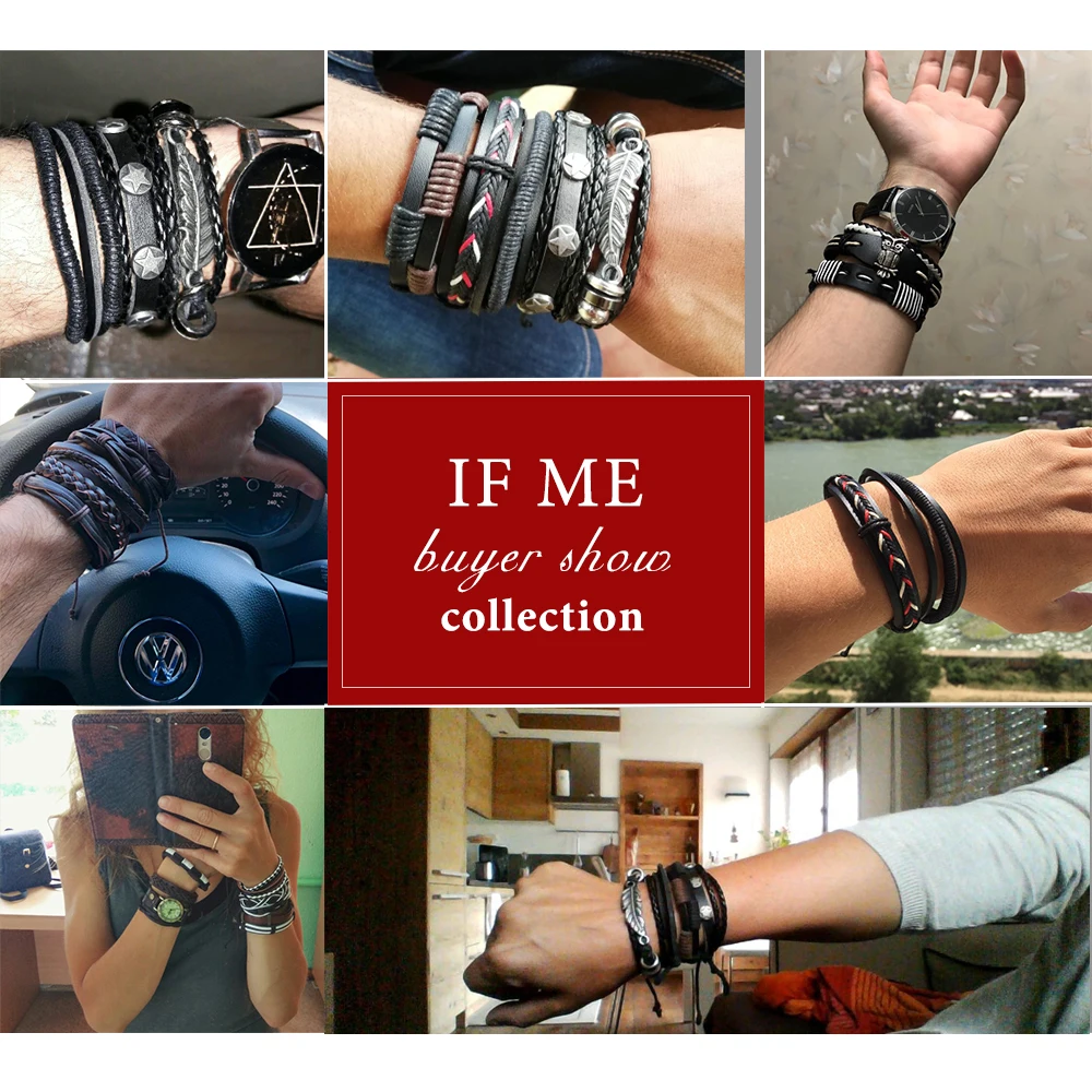IF ME Vintage Leaf Feather Multilayer Leather Bracelet Men Fashion Braided Handmade Star Rope Wrap Bracelets & Bangles Male Gift bracelet jewelry leather bracelets
