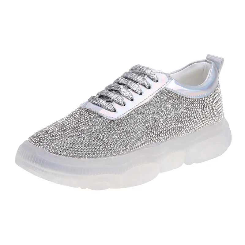 

FEERIJT Shinning Silver Crystal Sneakers Women 2019 Spring Fashion Rhinestones Platform Casual Shoes Woman Leather Walking Flats