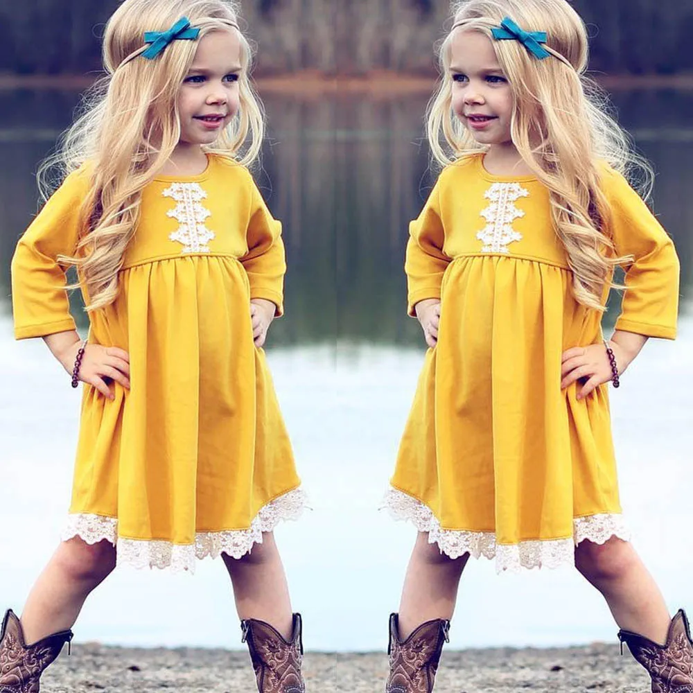 2018 Casual Kids Dresses Girls Dress Long Sleeves O Neck Solid Lace