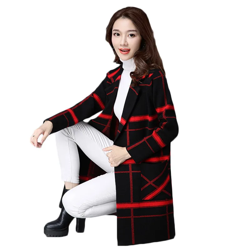 Весна-осень, вязаный женский свитер, плюс размер, 5XL, корейский клетчатый кардиган, новинка, женская зимняя модная повседневная свободная длинная верхняя одежда