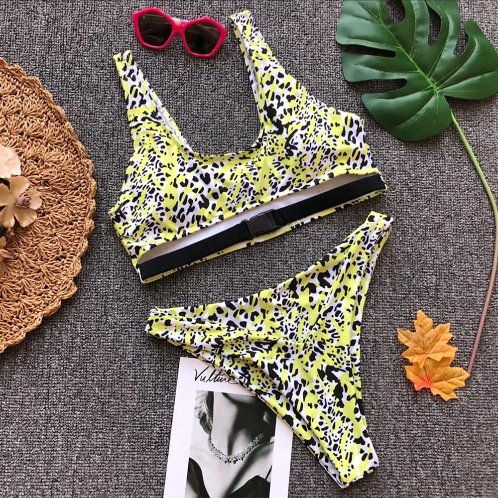 

Bonitainis Yellow Leopard Buckle Belt Swimsuit Hollow Out Bikini Set Women Swimwear Push Up Beach Bath Suit Two Piece Beachwear
