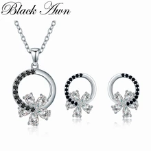 [BLACK AWN] Лидер продаж черная шпинель Свадебное Ожерелье Подвеска Серьги Цветок 925 пробы Серебряный набор украшений для женщин Z050