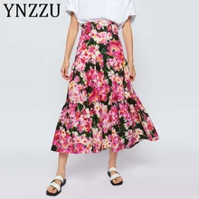 YNZZU прерия шик цветочные длинные юбки с принтом женский высокий комплект пуловер+ кожаная юбка женская макси юбка с поясом высокого качества AB201