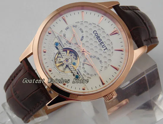 

44mm Day&Date Corgeut White Dial Rose Gold PVD Case Automatic Men's Watch