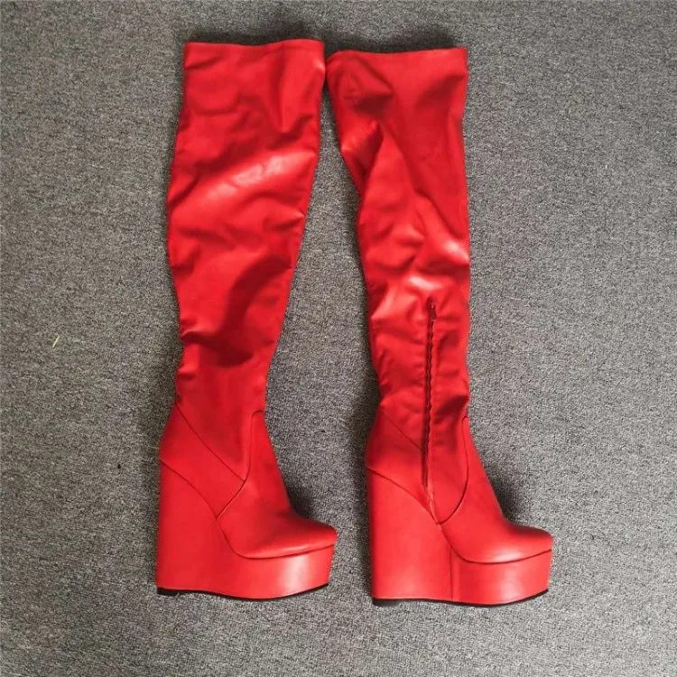 Olomm/новые женские ботфорты на платформе сапоги на танкетке и высоком каблуке великолепные красные модельные туфли с круглым носком женская обувь, большие американские размеры 5-15