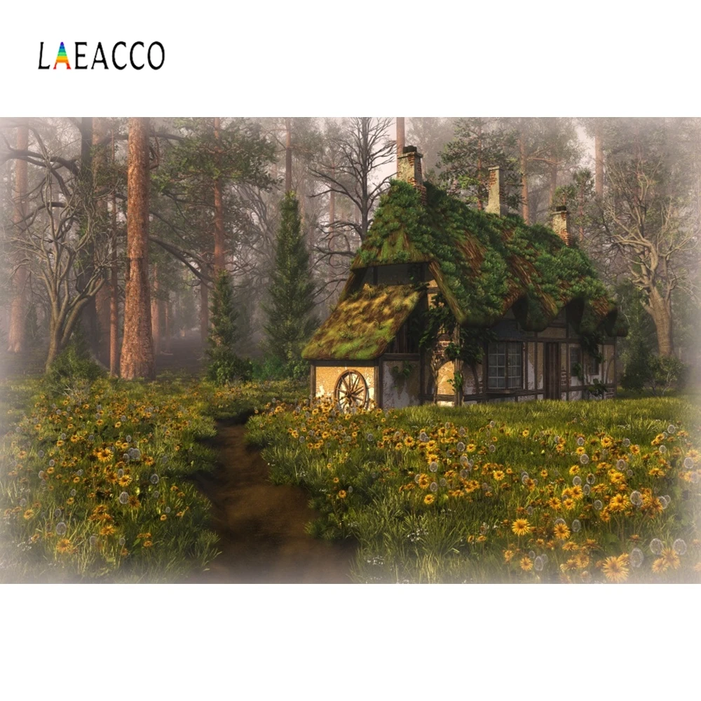 

Laeacco Fairy Tale Grassland House Photographic Backdrop Customized Wedding Decoration Photography Background For Photo Studio
