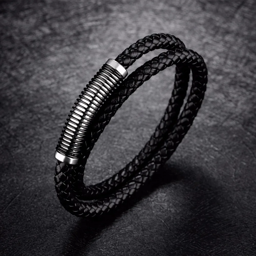 FATE LOVE Punk Male Men Black Leather Bracelet Bangle Wristlet Bracelete with Stainless Steel Charm Fashion Jewelry