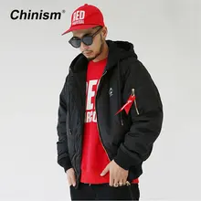 CHINISM Zip Sleeve Ribbon Hooded Parkas Mens Red Black Pocket Loose Coats Jackets Brand Logo Embroidery Thick Fashion Parkas