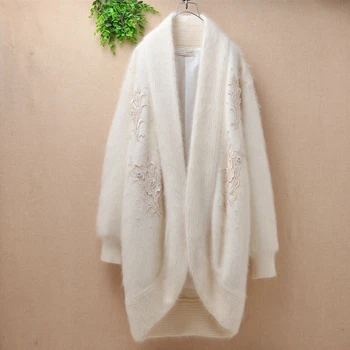 

Female top quality long white vintage beading plush angora rabbit fur exquisite knitted cardigans long sleeves mink sweater coat