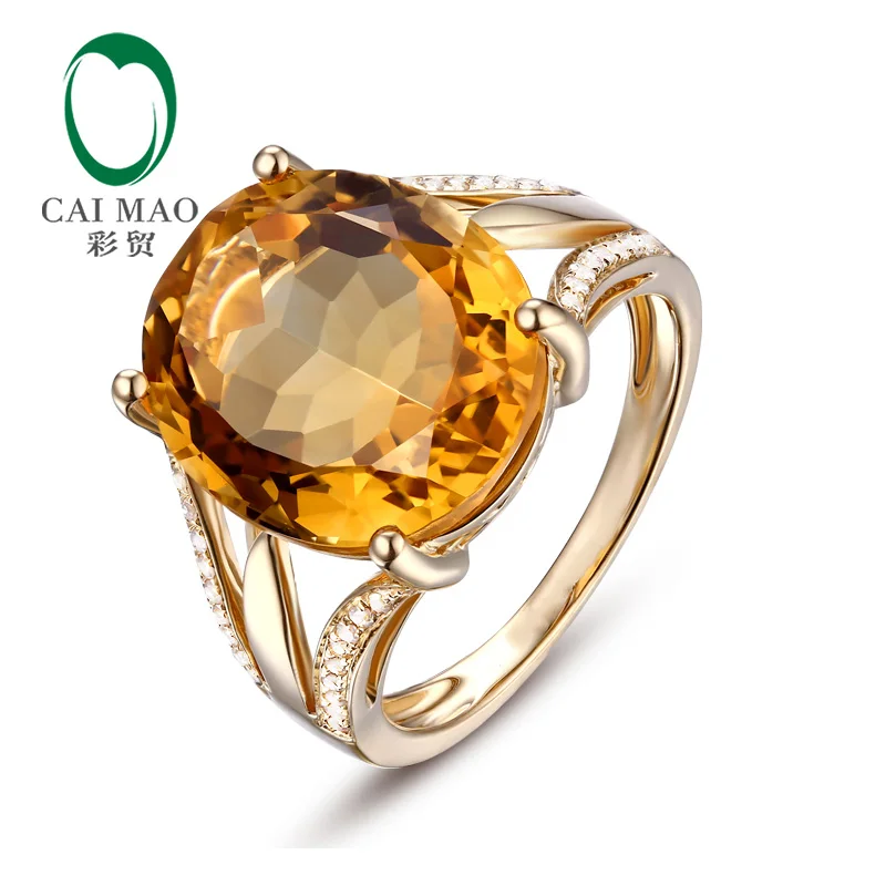 Caimao Jewelry 10.64ct Natural Citrine & 0.16ct Diamonds 14k Yellow Gold Ring
