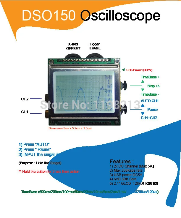 Набор цифровых осциллографов DSO150 AVR Core с зондом|digital scope|scope kitprobe scope |