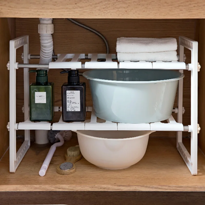 

Kitchen Under Sink Storage Rack Shelf Double Layer Tableware Cooker Holder Cabinet Organizer Adjustable Sink Rack Kitchen Stuff