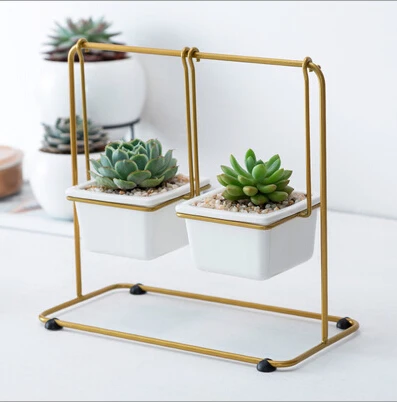 

New! Simple Ceramic Hydroponics Pot with Metal Stand Swing Succulent Plants Combination Vase Desktop Decorative Flower pot