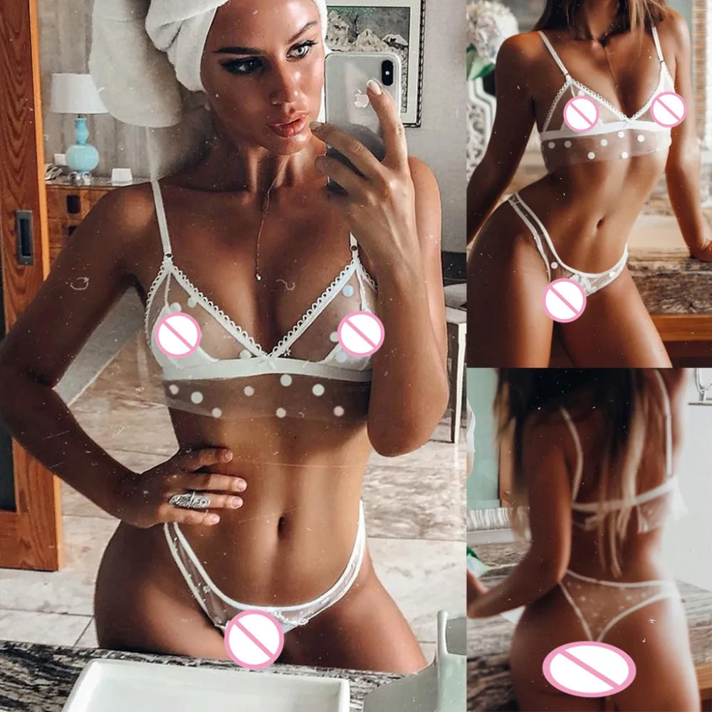 

Sexy Women Bra Set White V-neck Dot Lingerie Bralette Wire Free Bras Mesh Transparent Seamless Thong Panties Underwear Plus Size