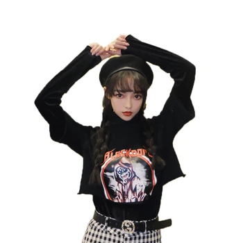 

Dog Print Retro Fake Two Pieces Turtleneck Long Sleeve Short Pullover Women Harajuku Streetwear Hip Hop Punk Sweatshirt 50C0021