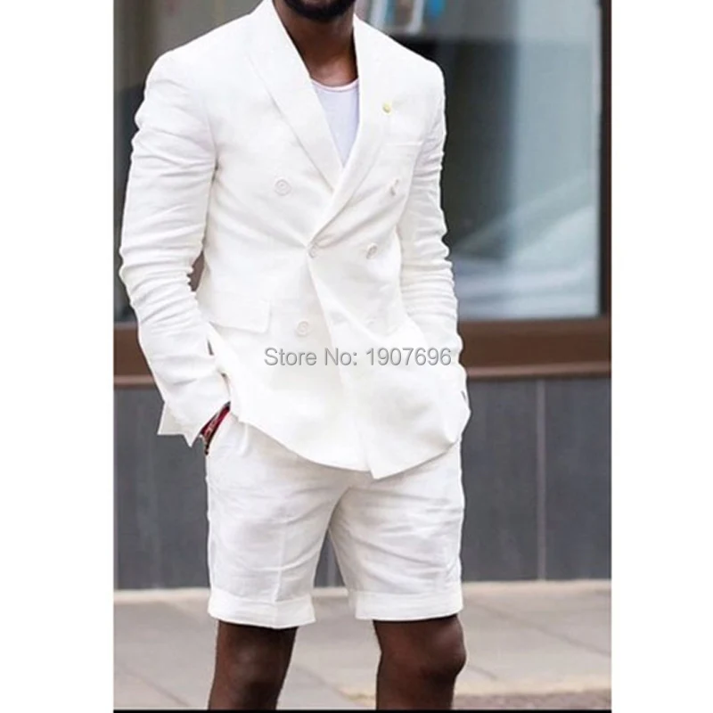 White Men Linen Short Suits Leisure Groom Tuxedo Double Breasted Casual Suits