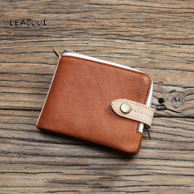 

LEACOOL Cowhide Leather Bifold Clutch Genuine Leather Men's Short Wallets Coin Purses Male ID Credit Cards Holder