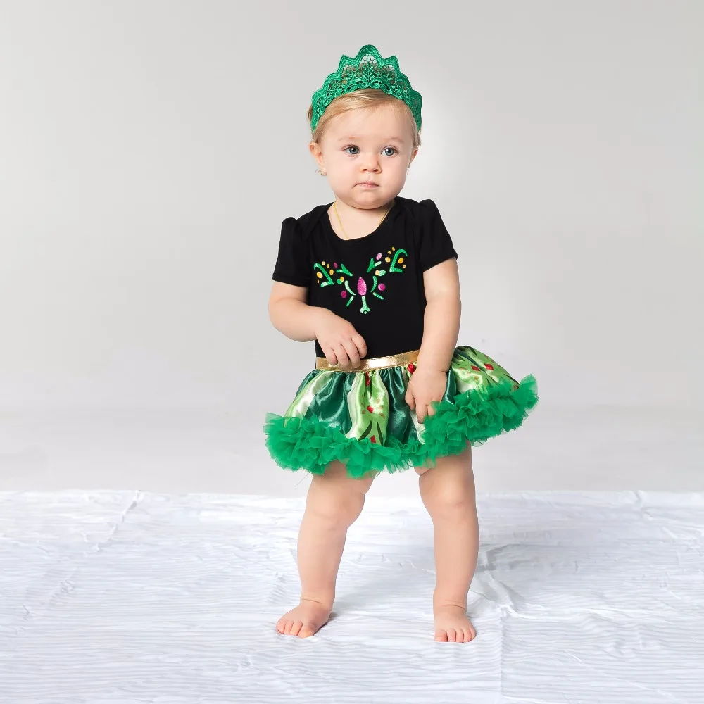 

Halloween Costume Anna Elsa Dress Princess Black Short Sleeve Cotton Satin Green Flower Party Dresses Cosplay Baby Clothing New