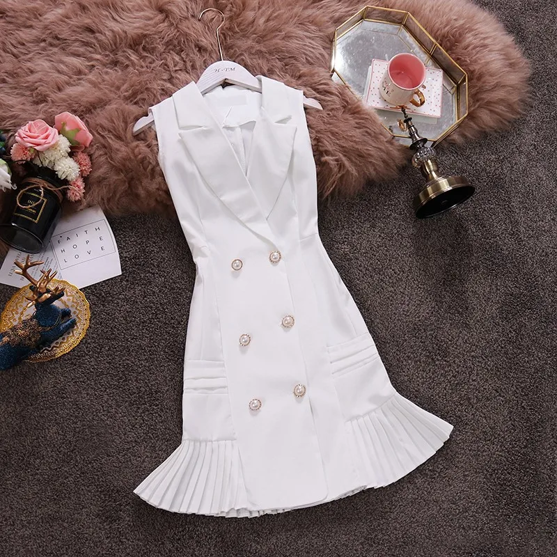 

HISUMA 2019 summer new women Notched double breasted ruffles A-line dress female elegant sleeveless waist OL dresses