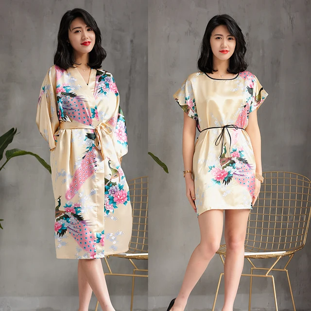 Sexy Wedding Bride Bridesmaid Robe Set 2018 Summer Ladies Rayon Kimono Bathrobe Gown Flower&Peacock 2PCS Sleepwear Nightwear