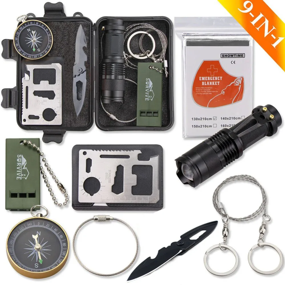 

Outdoor Survival Camp Equipment Kit Survive Equipment First Aid Emergency Blanket SOS Flashlight Folding Knife Wire Saw Whistle