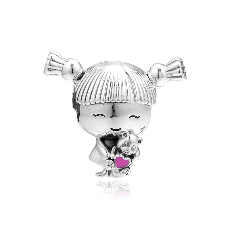 

Pigtails Girl Silver Beads for Charms Bracelets Fashion Silver 925 Jewelry Family Daughter Bear Toy Enamel Beads DIY Jewelry