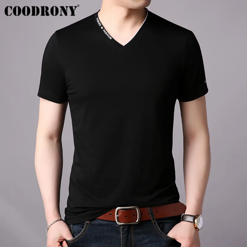 COODRONY футболка мужская с коротким рукавом Футболка мужская одежда летняя Уличная Повседневная мужская футболка с v-образным вырезом Футболка Homme S95022 - Цвет: Черный