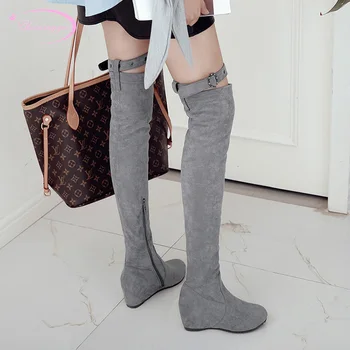 

Casual style round toe nubuck over knee high boots fashion zipper belt buckle increasing high heel women's riding boots