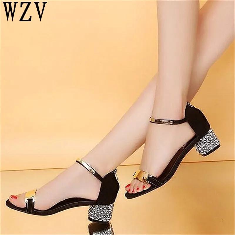 

2019 New Women Sandals Ladies Summer rhinestone chunky heels Sandals Fashion open toe summer Women shoes E535