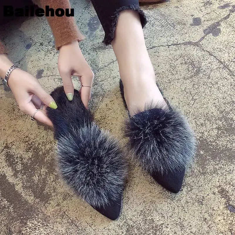 

Bailehou Women Fur Slippers Warm Plush Home Slides Slip On Pompon Mules Flip Flops Balls Shoes Flat Women Shoes Zapatillas Mujer