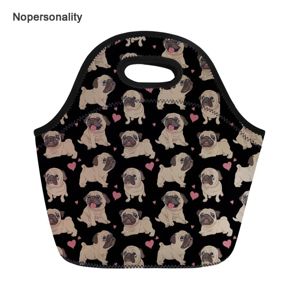 

Nopersonality Black Heart Pattern Puppy Pug Dog Lunch Bag for Kids Insulation Women Girls Lunch Box Neoprene Picnic Food Bags