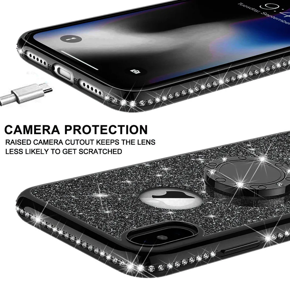 case for iphone 8 Glitter Bling Diamond Plating Soft TPU Cover For iPhone 11 12 XS Max XR X 6S 6 7 8 Plus 360 Rotating Finger Ring Kickstand Case case for iphone 7
