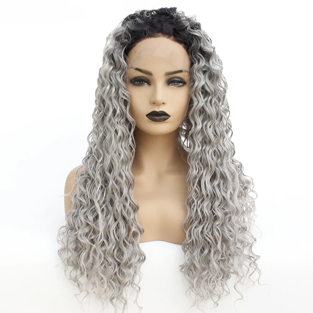 V'nice Wig Front Lace Ombre Grey Wigs Long Loose Curly Silver Gray Synthetic Lace Front Wigs for