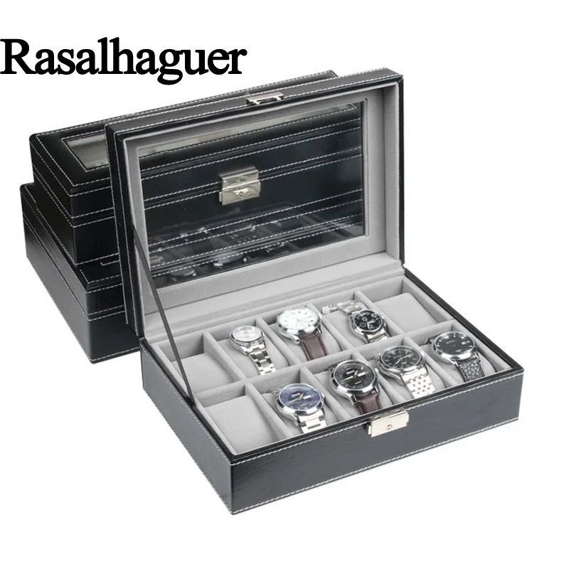 Rasalhaguer Top Sale 6 Grids PU Leather Watch Boxes Storage Organizer Box Luxury Jewelry Display Watch Case Black Free Shipping