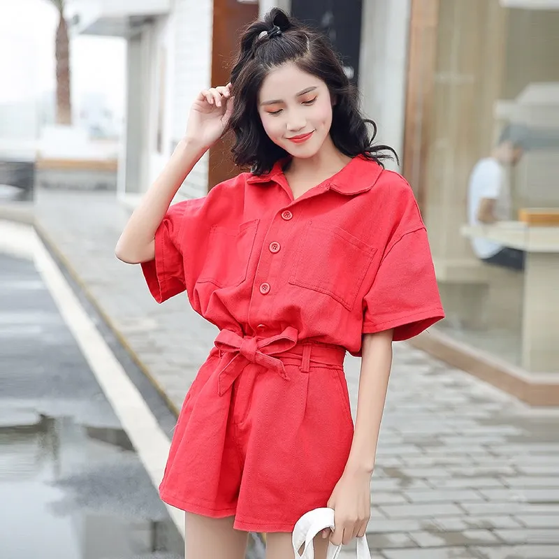 2018 Korea Women Turn-down Collar Short Sleeve Denim Jumpsuit Summer Female Lace Up Bow Overalls Casual Romper Jumpsuits and Playsuits