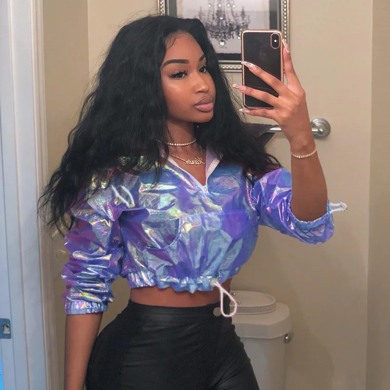 

Reflective Shiny Cropped Oversized Hoodie Women Street Style Punk Style Long Sleeve Pilot Hoodie Women Sweatshirt Z352
