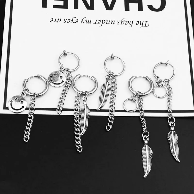 

Fashion Men Punk Earrings Feather Tassel Smiley Face Pendant Stainless Steel Stud Earring Unisex Rock Hipster Ear Clip Women Gif