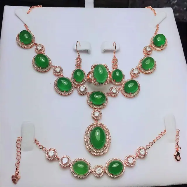 $US $109.65 Koraba 4pcs 925 Sterling Silver Inlaid Natural Green Rose Gold Jade Chalcedony  Pendant Necklace Bracelet Earrings Set