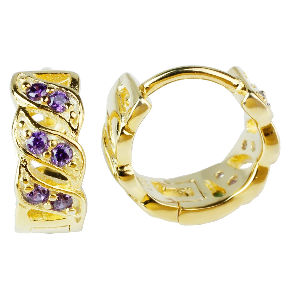 

3-line Clear CZ Paved Gold Color 925 Sterling Silver Clip Earrings for women Purple CZ Best Gift for Mother E058