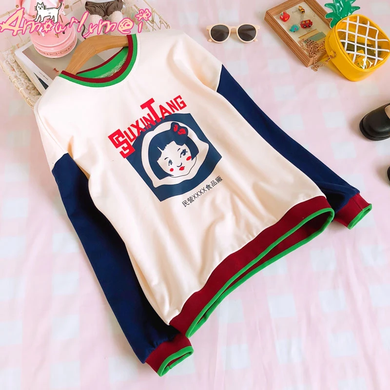 

Japanese Preppy Style Cute Little Girl Print Patchwork Long Sleeve O-Neck Pullover Mori Girl 2019 Autumn New Women Sweatshirt