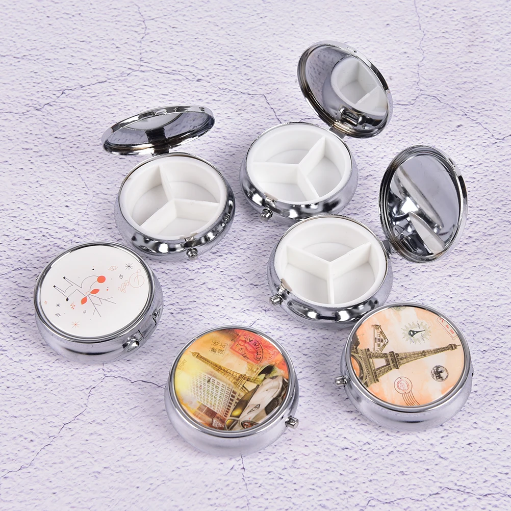 1PCS Portable Metal Round Flower Print Organizer Cute Compartment Pill Case Divid Storage Tablet Container Medicine Box