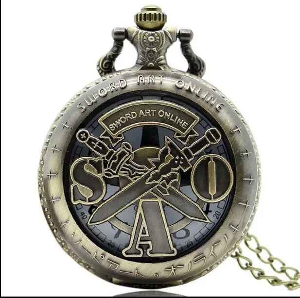 

Vintage Bronze Sword Art Online Chain Pocket Watch Necklace Pendant Mens Christmas Gift JKO52