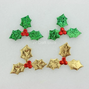

200pcs/lot Satin Fabric Holly leaf Holly bead Three leaves Red Berry Appliques 5.3cm Felt Patch for DIY,Christmas Decor FZ0213