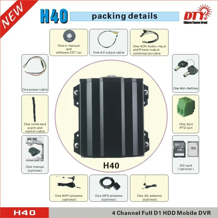  Dty H40-3G (GPS + 3g) 4ch HDD DVR móvil hasta 2 TB xmeye dvr