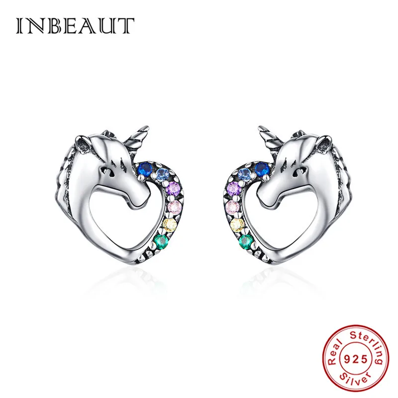 INBEAUT Настоящее 925 пробы, Серебряные Красочные циркониевые серьги-гвоздики с покрытием в виде единорога для женщин, милые резные серьги в виде животных, ювелирные изделия
