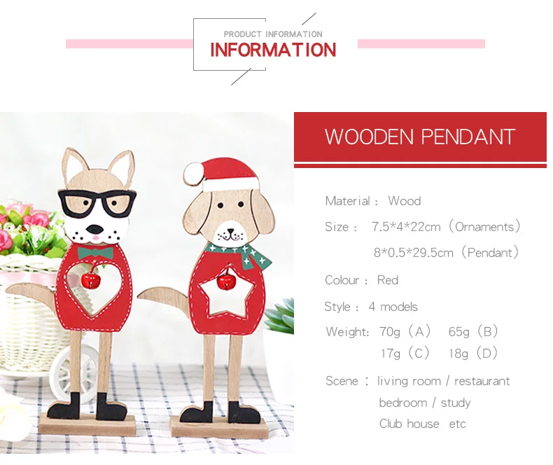 02 2019 Merry Christmas Wooden dog Ornaments Room Wall Hanging Accessories For Home Table Desktop Stand Decor Santa Bells Dog Gifts