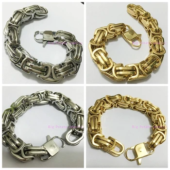 

Huge Heavy 12/15mm Wide Silver/Gold Color 316L Stainless Steel Byzantine Box Chian Bracelet 7-11inch Custom Size Strong Men Gift