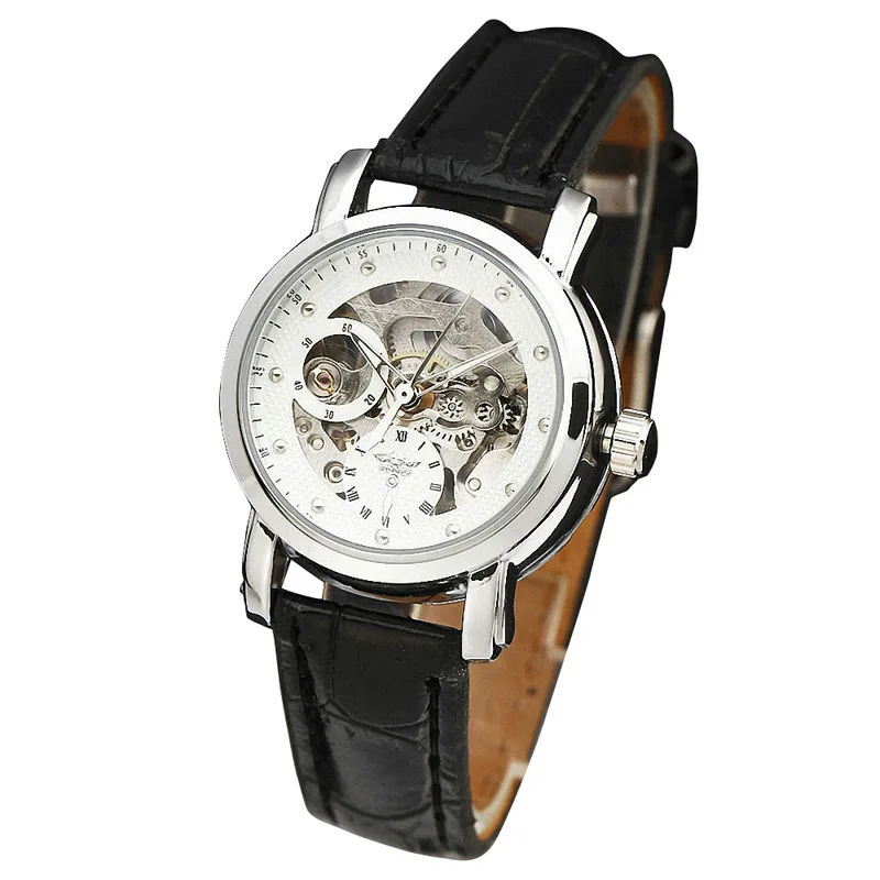 WINNER элегантные женские автоматические механические часы с кожаным ремешком, женские Роскошные наручные часы со скелетом, круглый чехол из нержавеющей стали - Цвет: WHITE