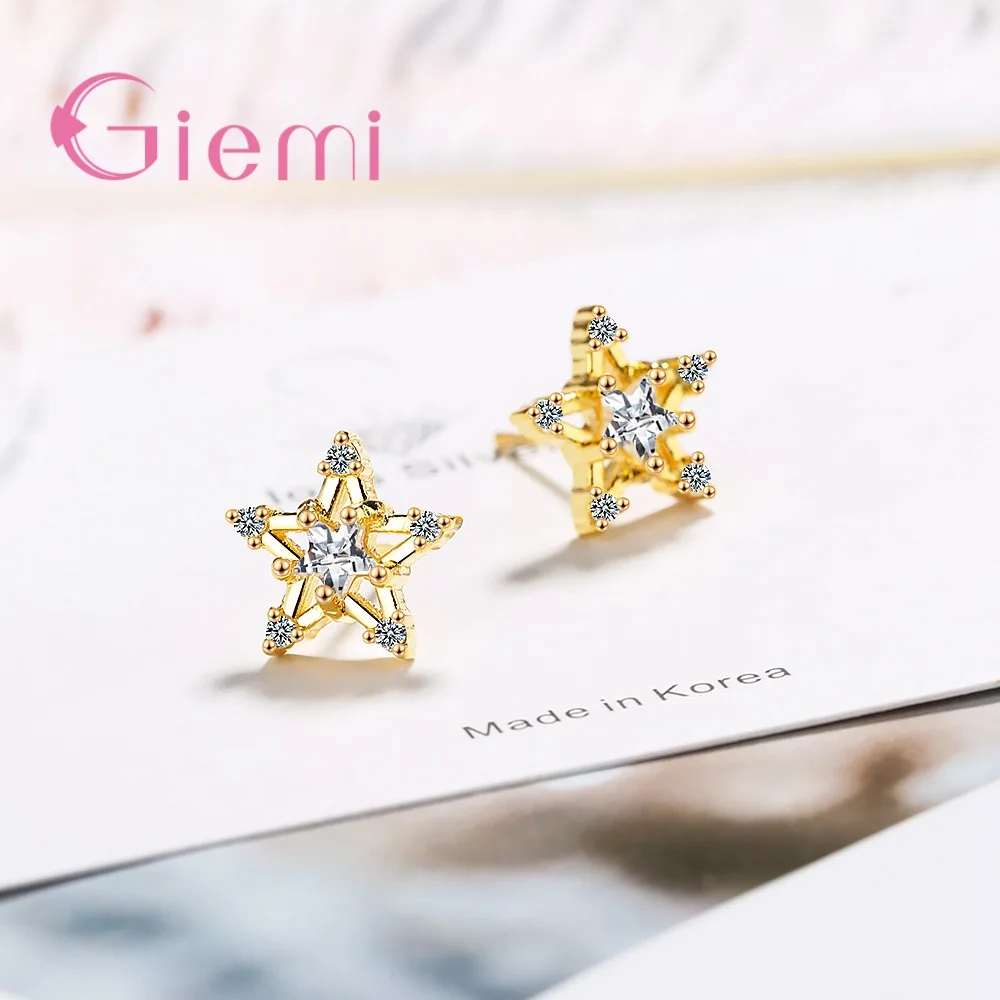 

925 Sterling Silver Stud Earrings Trendy Sparkling Crystal Star Shape Fashion Jewelry Best Gift For Girls Engagement